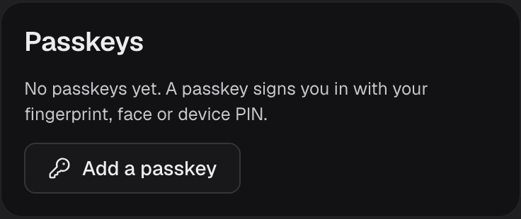 Passkeys in Your account, with none yet and Add a passkey