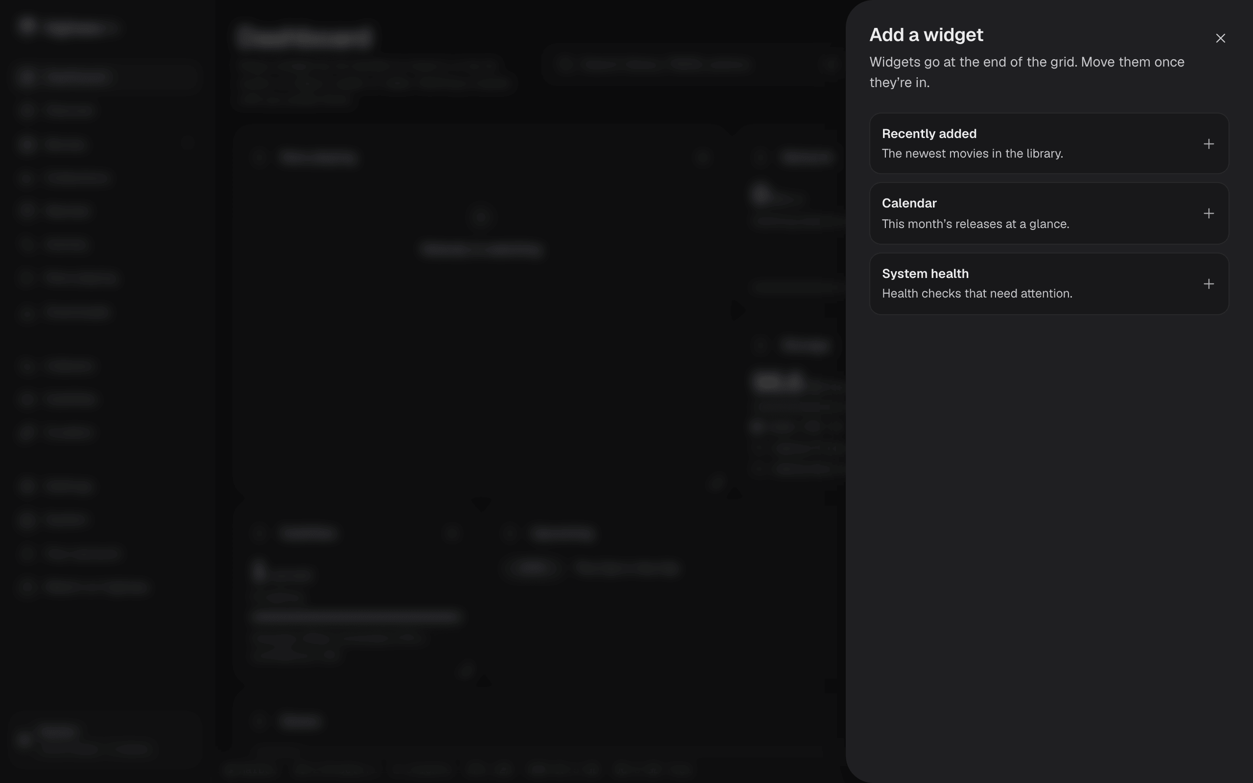 The Add a widget panel listing Recently added, Calendar and System health, each with a line on what it shows and a plus button
