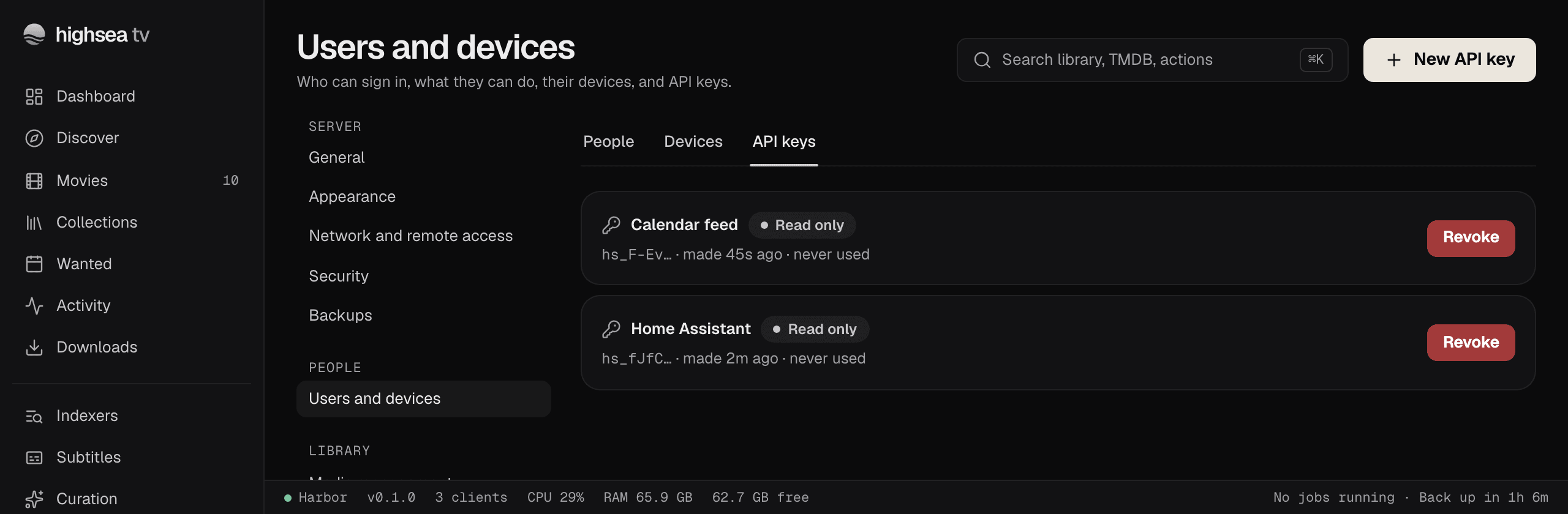 The API keys tab with one key, Home Assistant, Read only, never used, with Revoke beside it and New API key at the top