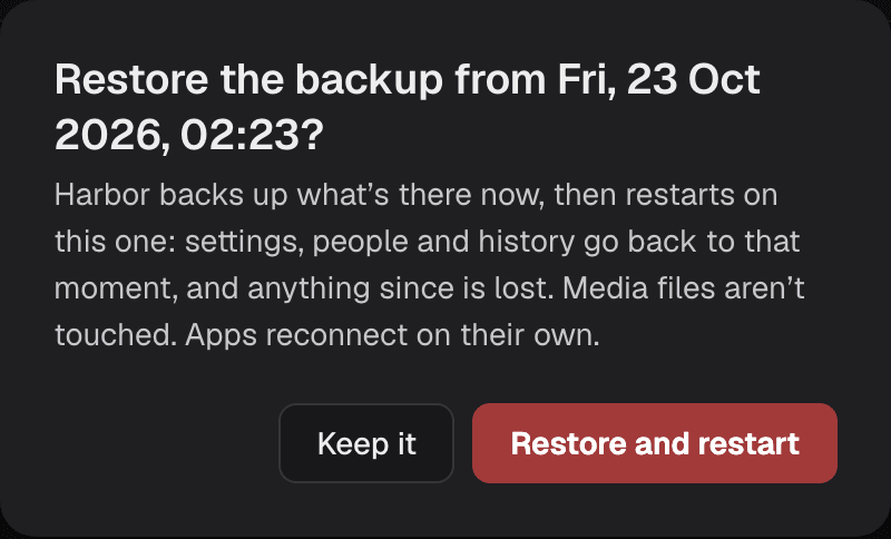 The restore dialog: what restoring the chosen backup does, with Keep it and Restore and restart.