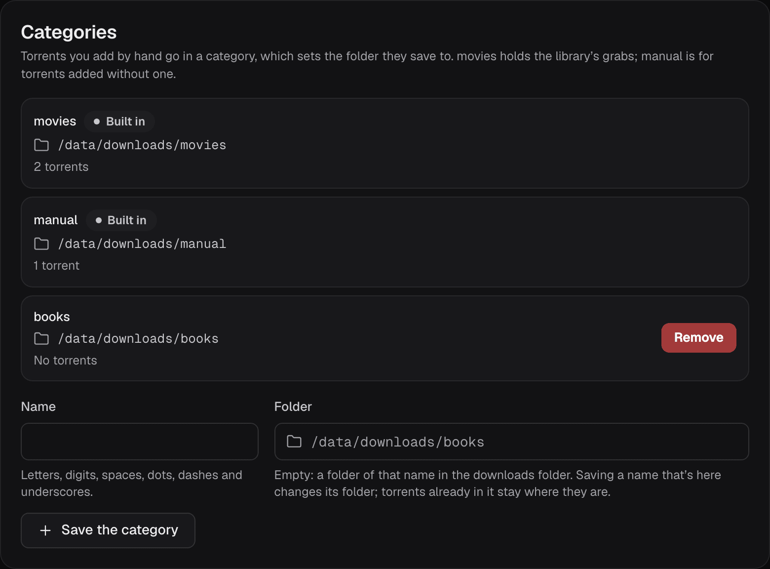 The Categories section: movies and manual, each marked Built in with its folder under /data/downloads and 1 torrent, a category named books with no torrents and a Remove button, and Name and Folder fields with Save the category
