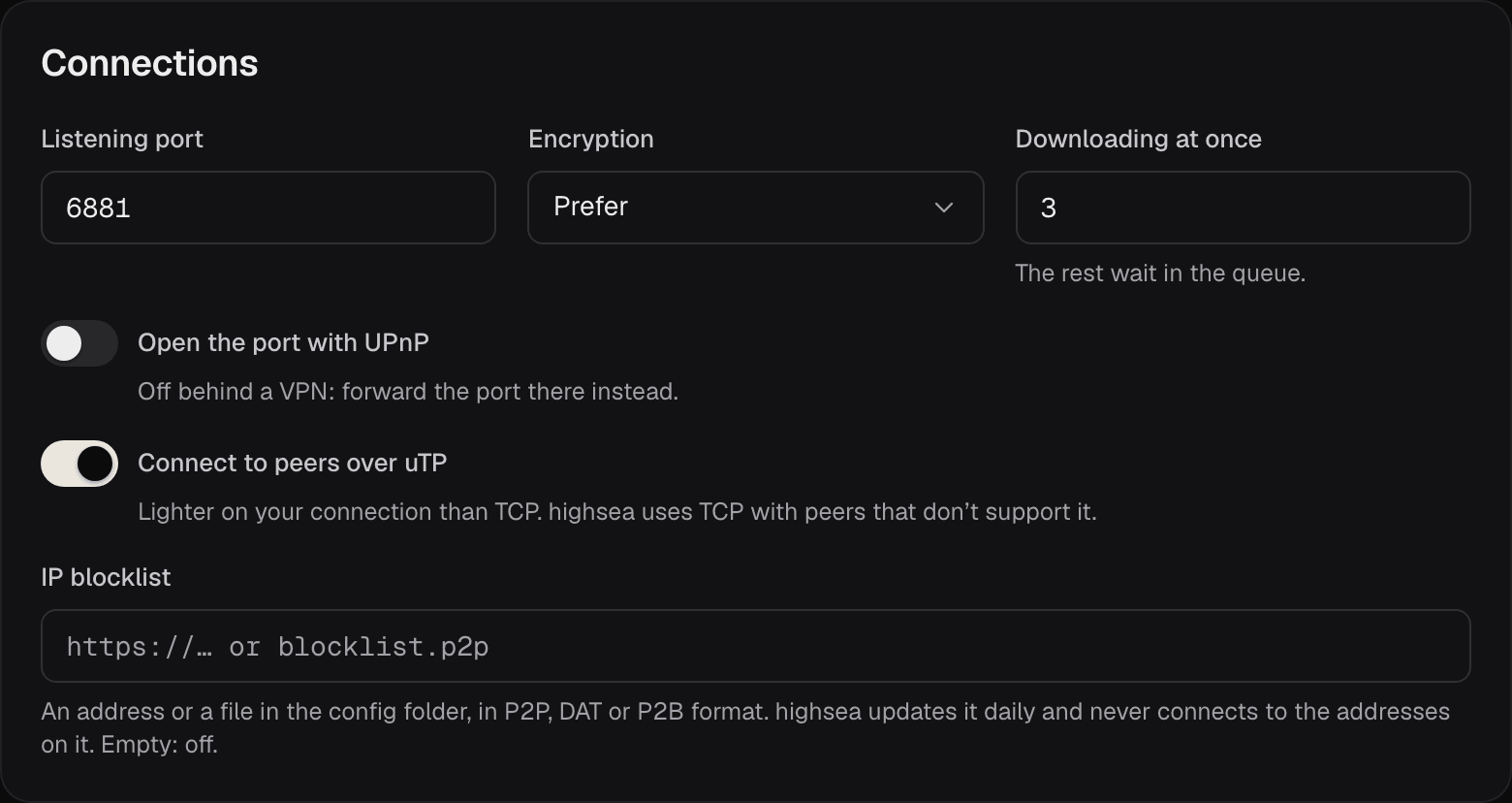 The Connections section: Listening port 6881, Encryption Prefer, Downloading at once 3, Open the port with UPnP off, Connect to peers over uTP on, and an empty IP blocklist field