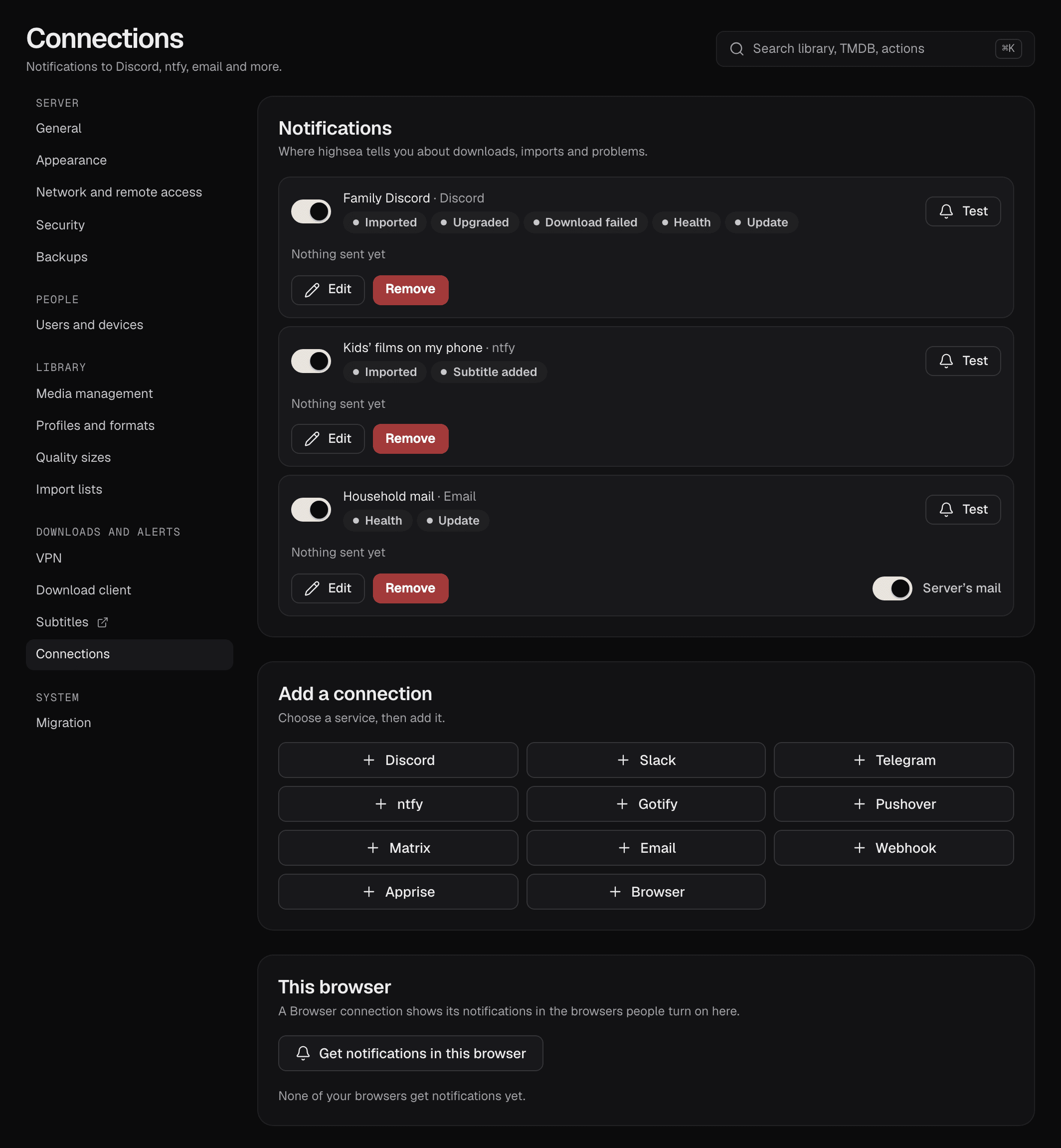 Settings › Connections with three connections: Family Discord, Kids' films on my phone on ntfy, and Household mail by email with Server's mail on; each lists its events and says Nothing sent yet. Below are buttons for each service and This browser