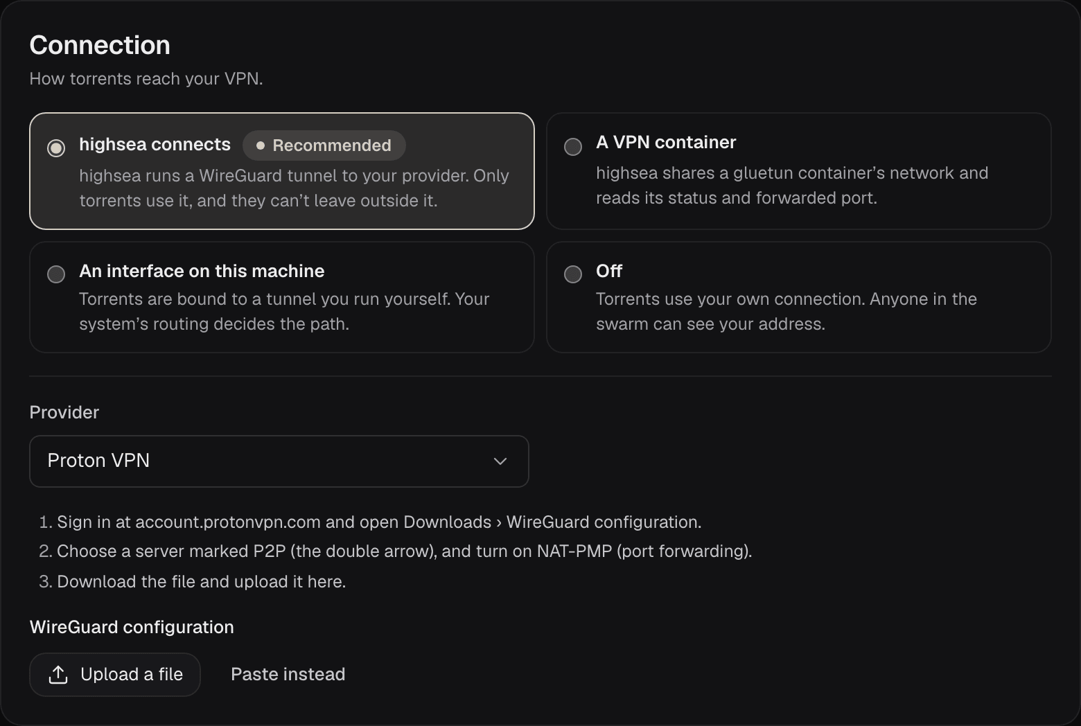Settings › VPN with highsea connects chosen: the Provider list set to Proton VPN, that provider's three steps, and WireGuard configuration with Upload a file and Paste instead
