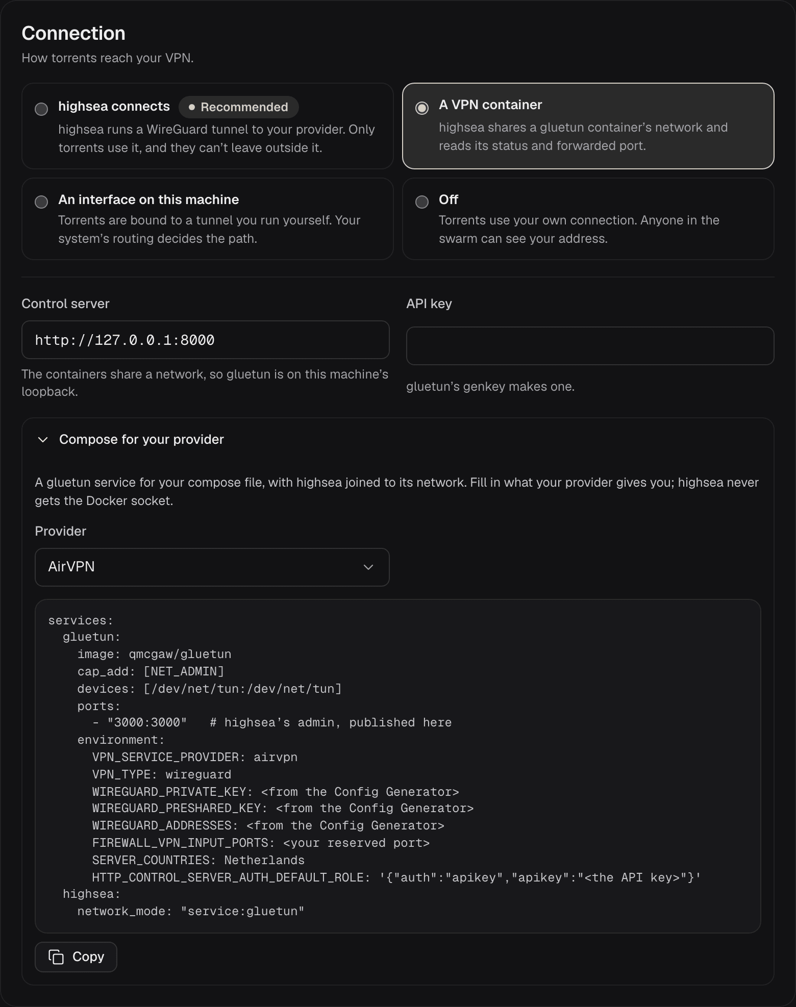 Settings › VPN with A VPN container chosen: Control server set to http://127.0.0.1:8000, an empty API key, and Compose for your provider open with AirVPN chosen and the gluetun block it writes, with a Copy button