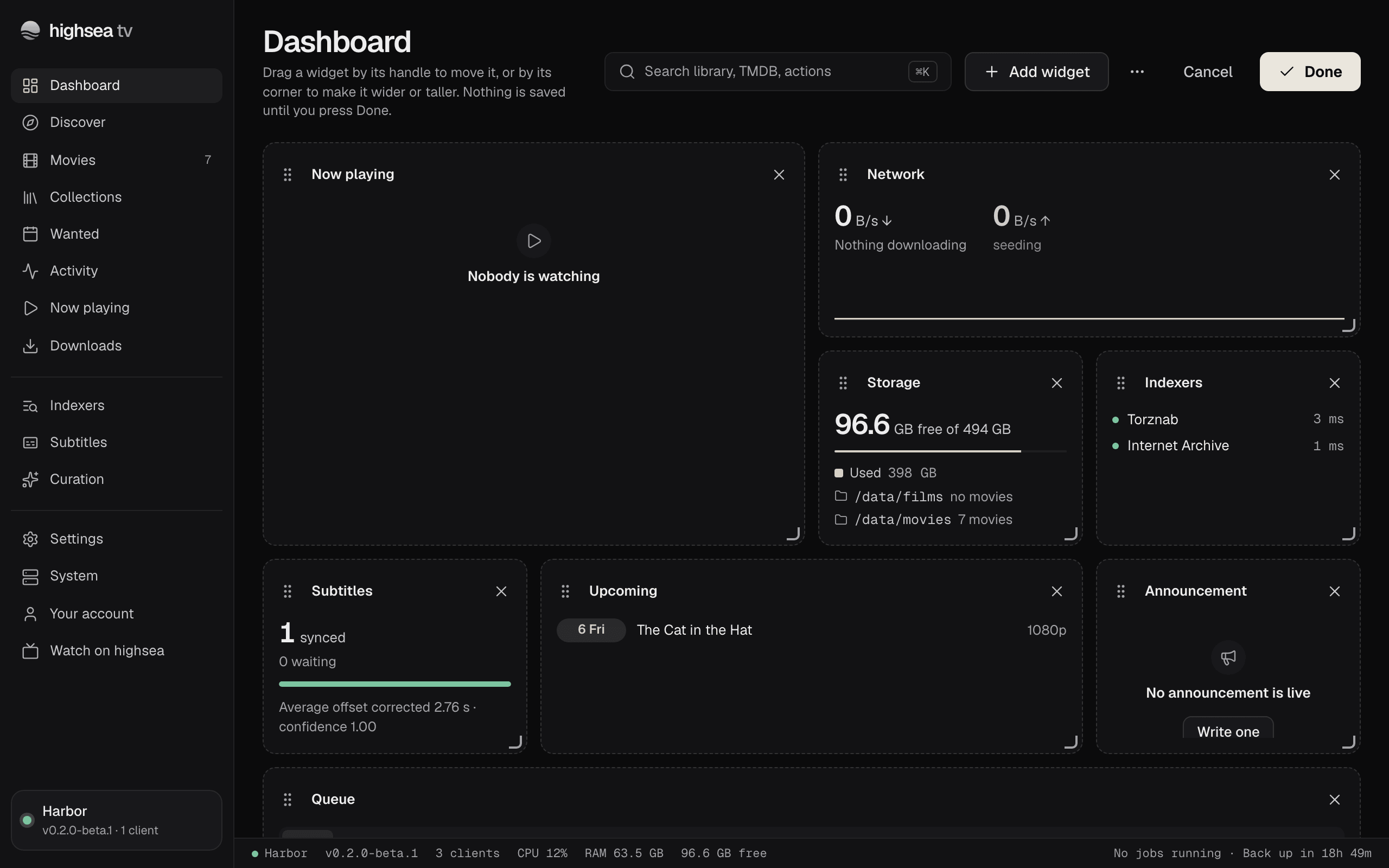The Dashboard while customising: each widget has a drag handle, a remove button and a resize corner, with Add widget, More layout options, Cancel and Done at the top