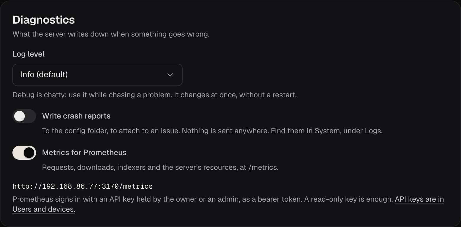 The Diagnostics group: Log level, Write crash reports off, Metrics for Prometheus on, and the address to scrape.
