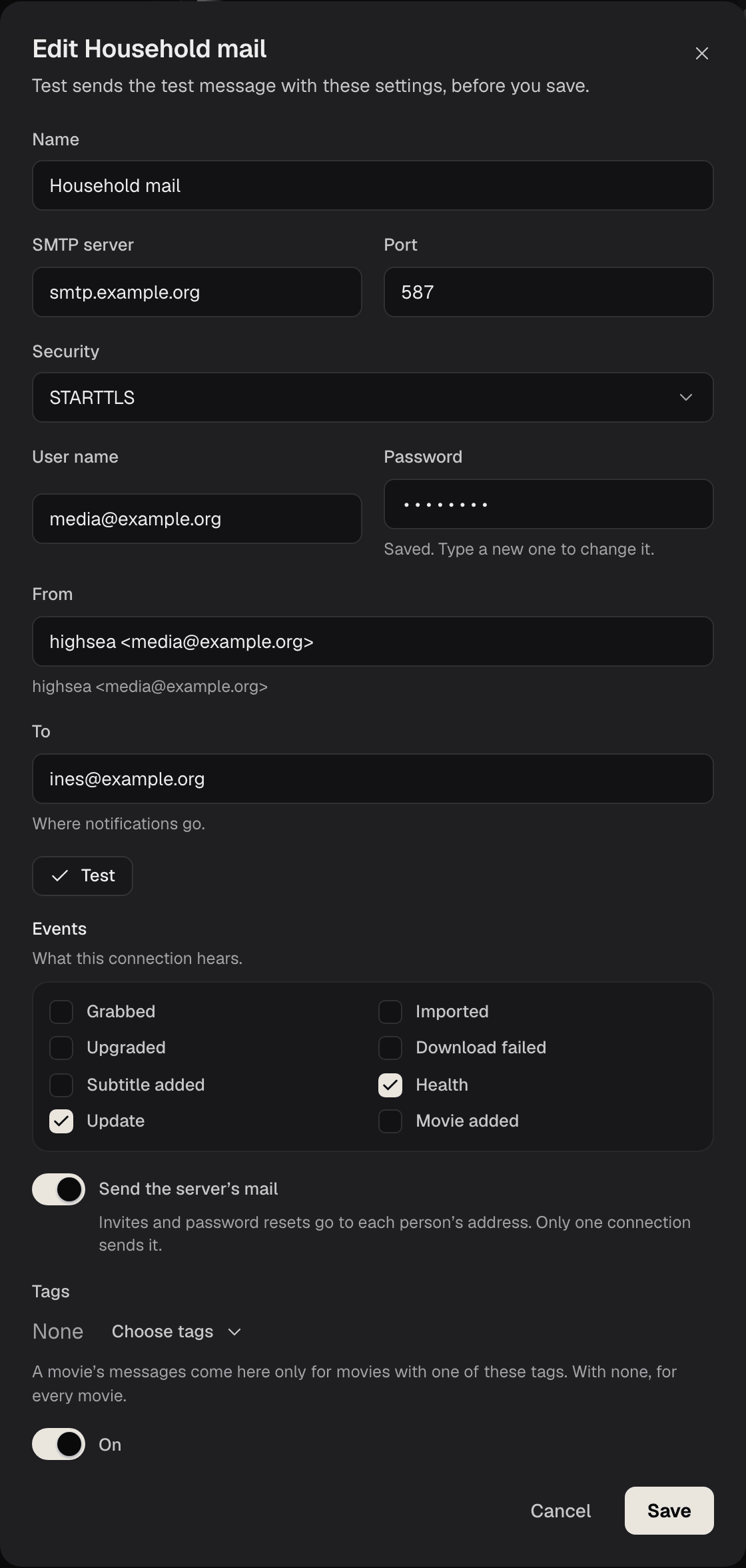 The Edit Household mail dialog: SMTP server smtp.example.org on port 587 with STARTTLS, a user name and saved password, From with a name and address, To, Test, the Events Health and Update, and Send the server's mail switched on