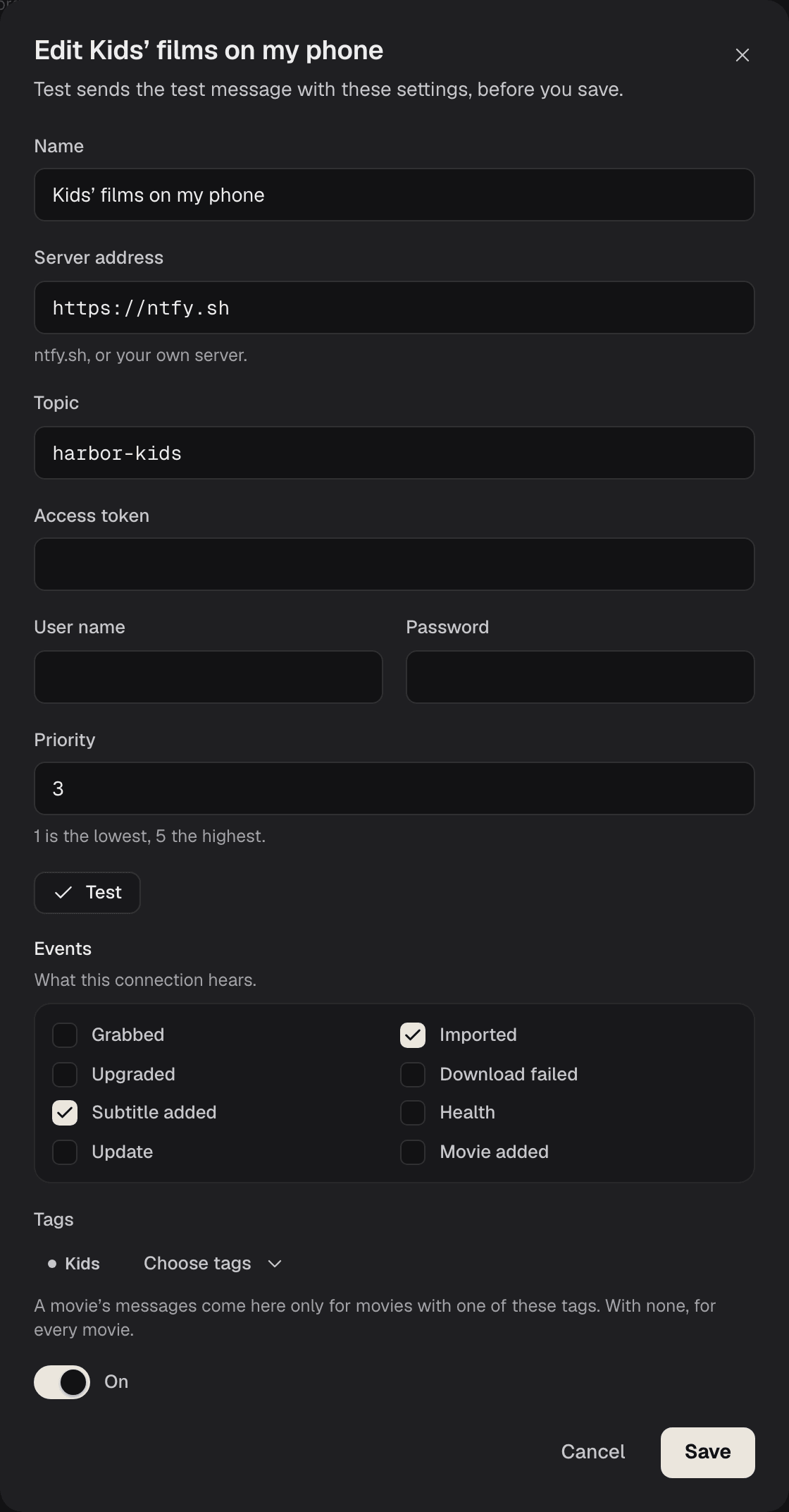 Editing an ntfy connection that hears Imported and Subtitle added, with the tag Kids under Tags: a movie's messages come here only for movies with one of these tags