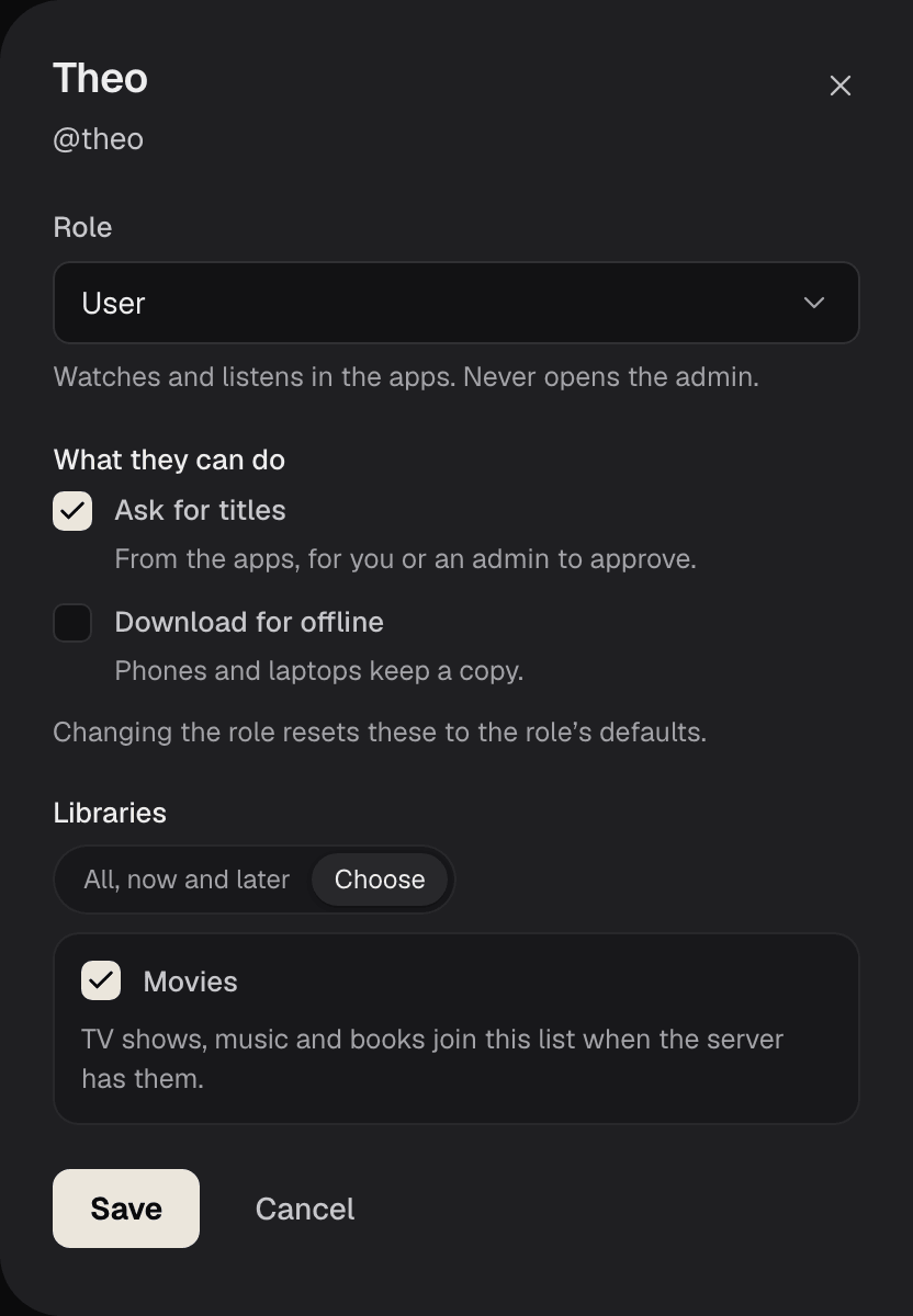 Theo's edit panel: Role is User, Ask for titles ticked and Download for offline not, and Libraries set to Choose with Movies ticked