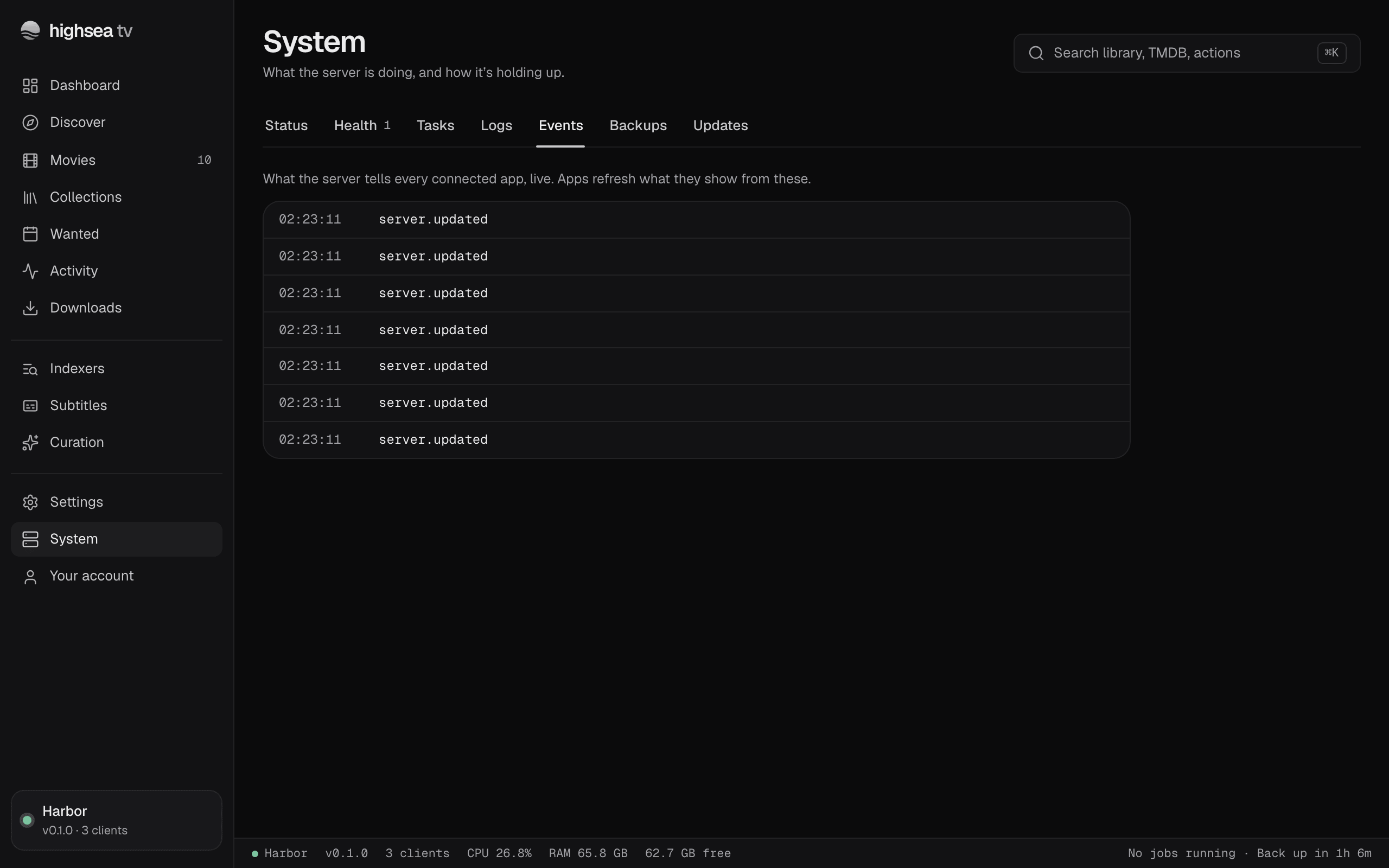 System's Events tab: each event's time and topic, with the items it's about, newest first.