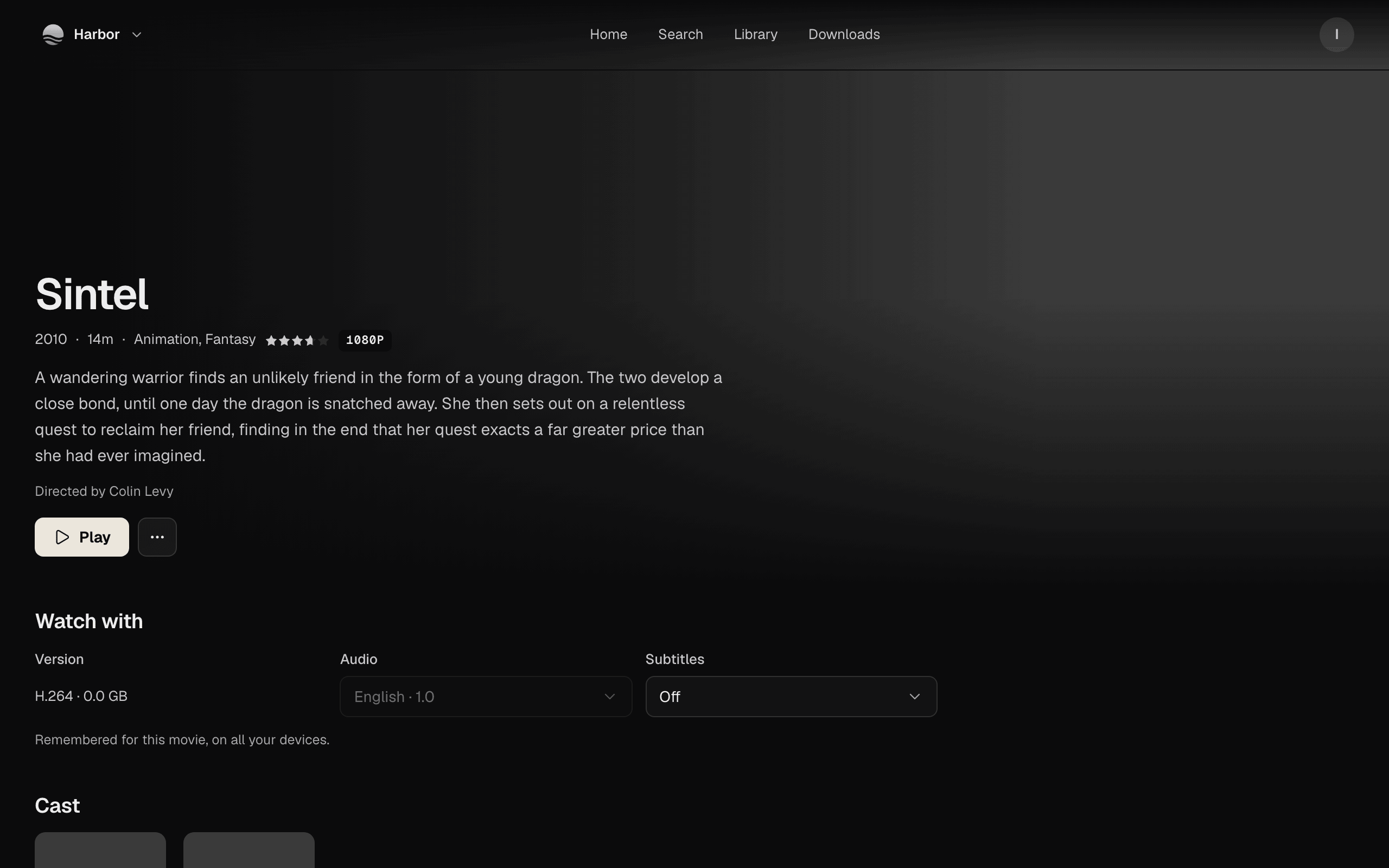 Sintel's page: its year, length, genres and rating, the synopsis, Directed by Colin Levy, the Play button and More, and Watch with showing Version, Audio and Subtitles