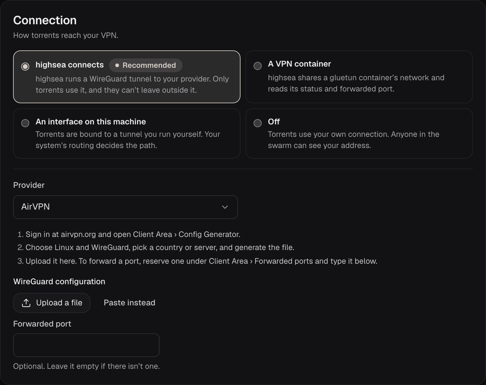 highsea connects with AirVPN chosen: its steps, which end with reserving a port under Client Area › Forwarded ports, then WireGuard configuration and an empty Forwarded port field marked Optional