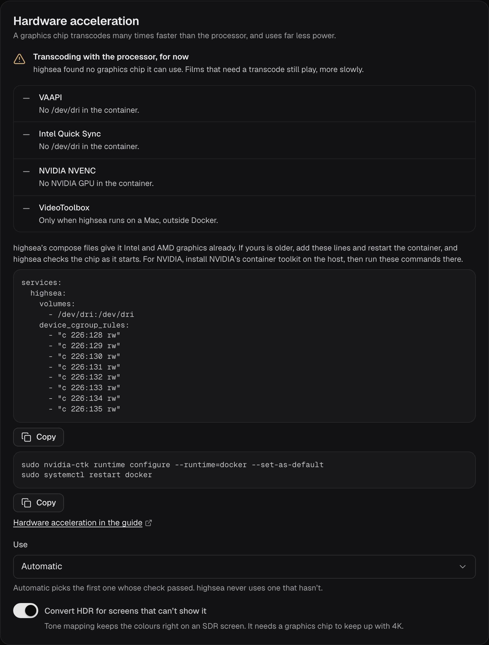 The Hardware acceleration group on a server with no graphics chip: each path says why it can't be used, with the compose lines for Intel and AMD and the commands for NVIDIA