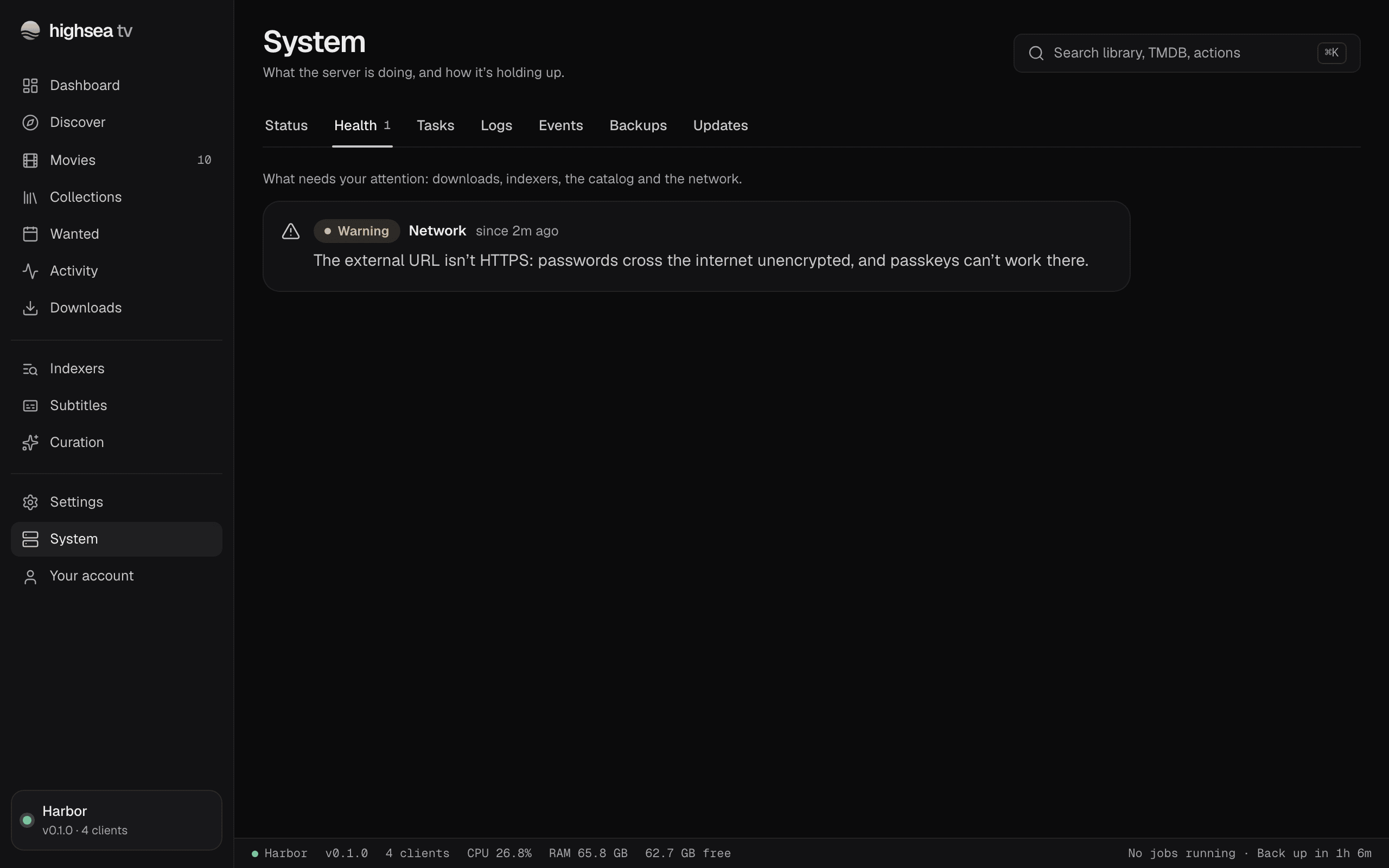 System's Health tab with one warning from Network: the external URL isn't HTTPS.