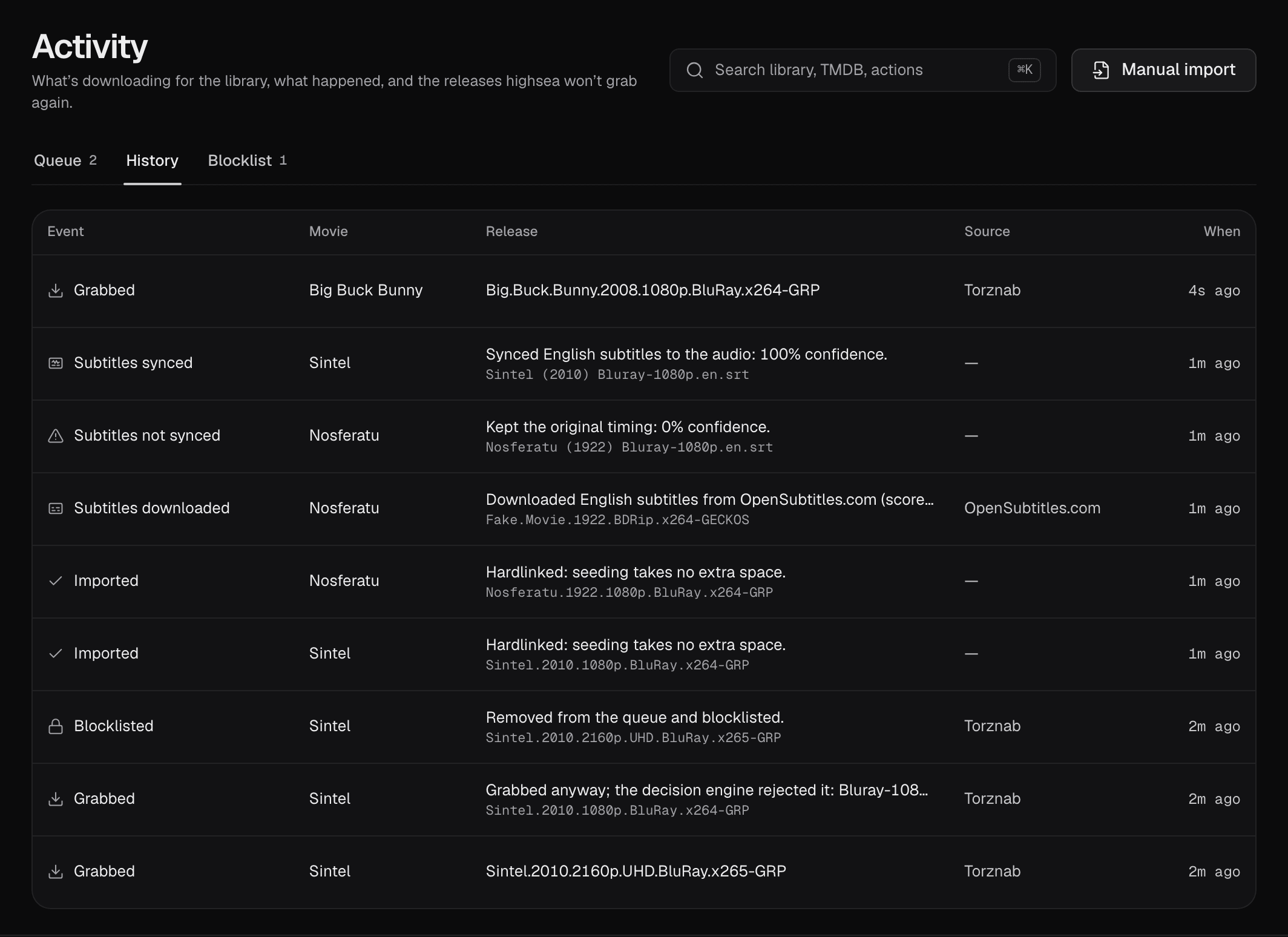 Activity's History tab, listing events newest first: Subtitles synced, Subtitles not synced, Subtitles downloaded, two Imported entries that say Hardlinked, Blocklisted and Grabbed, each with the film, the release, the source and when