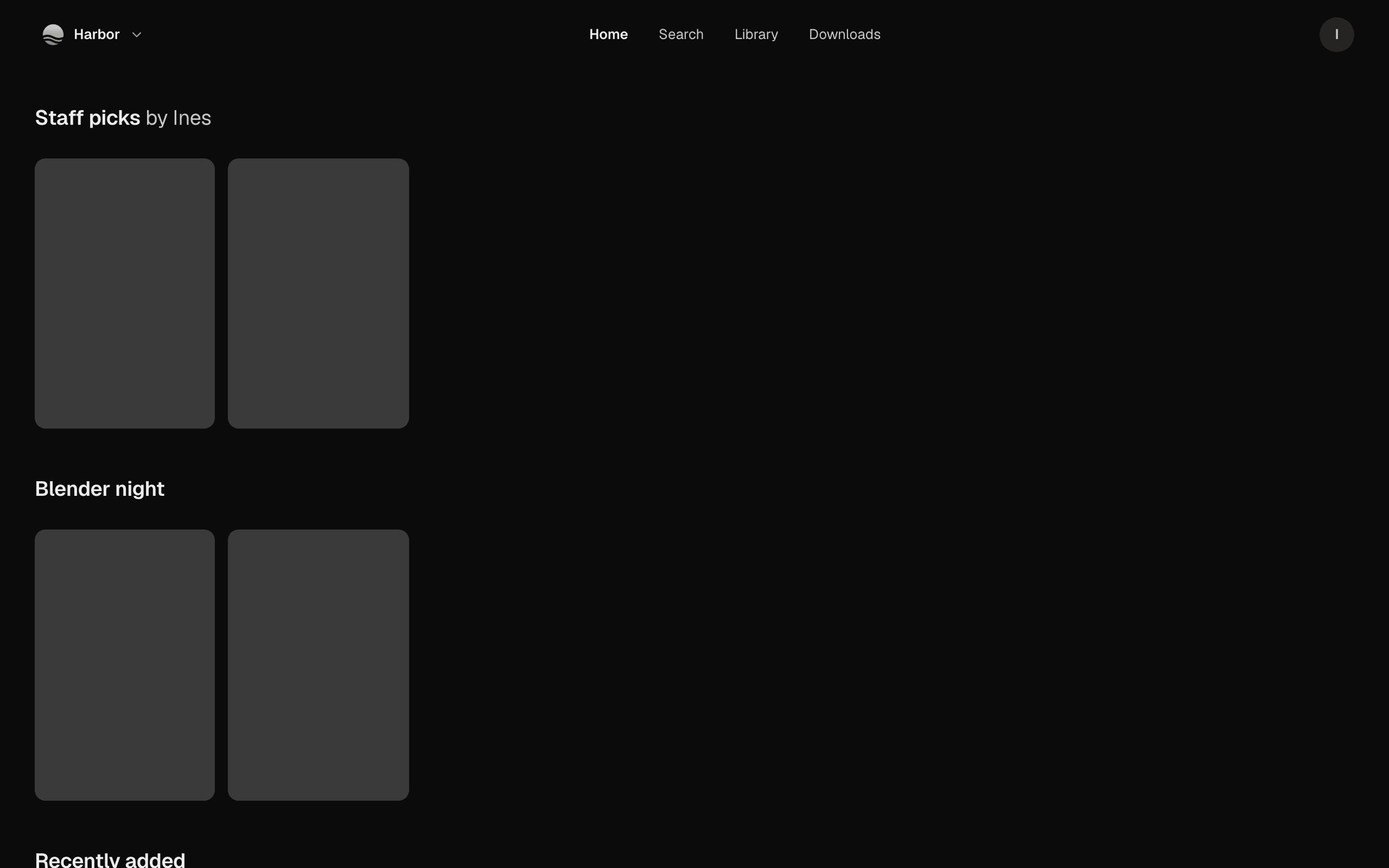 Home in the web app: the Staff picks row by Ines, Blender night and Recently added, under the menu with Home, Search, Library and Downloads
