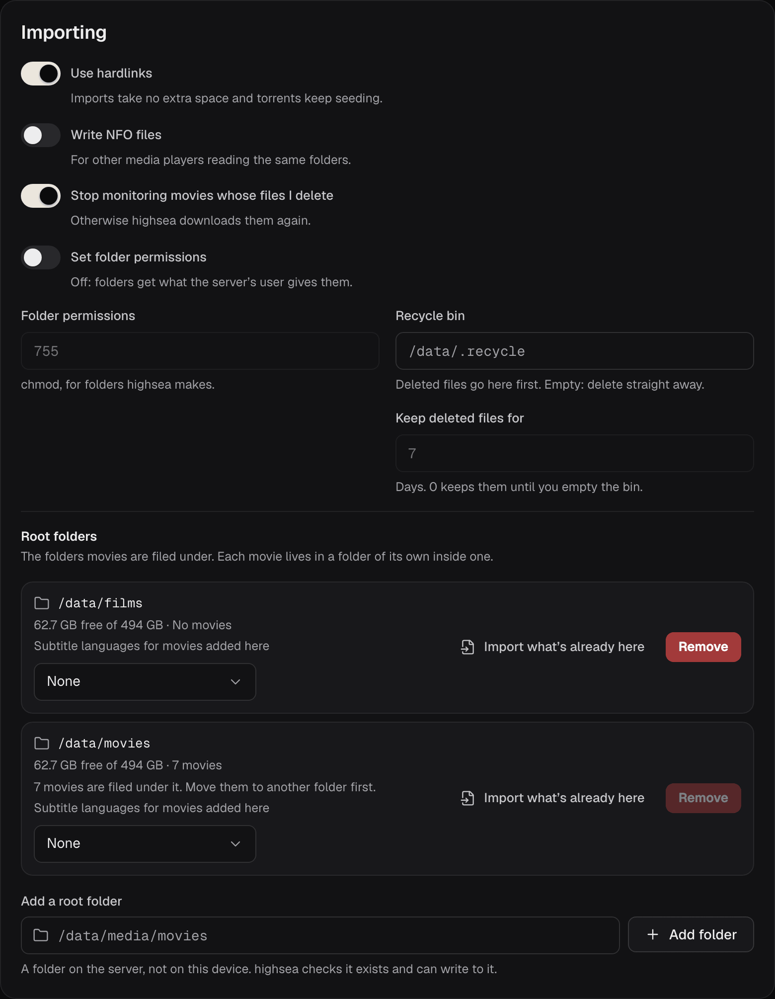The Importing card, with Use hardlinks and Stop monitoring movies whose files I delete on, Write NFO files and Set folder permissions off, and the folder permissions, recycle bin and days to keep deleted files