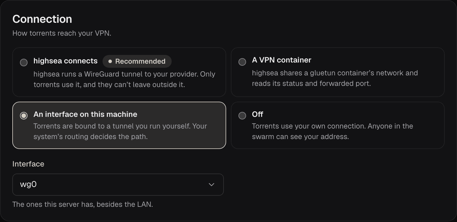 Settings › VPN with An interface on this machine chosen, and an Interface list set to wg0, with the hint The ones this server has, besides the LAN