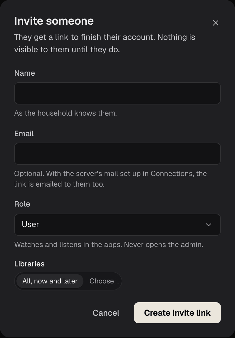 The Invite someone dialog, with Name, an optional Email, Role set to User, Libraries set to All, now and later, and Create invite link