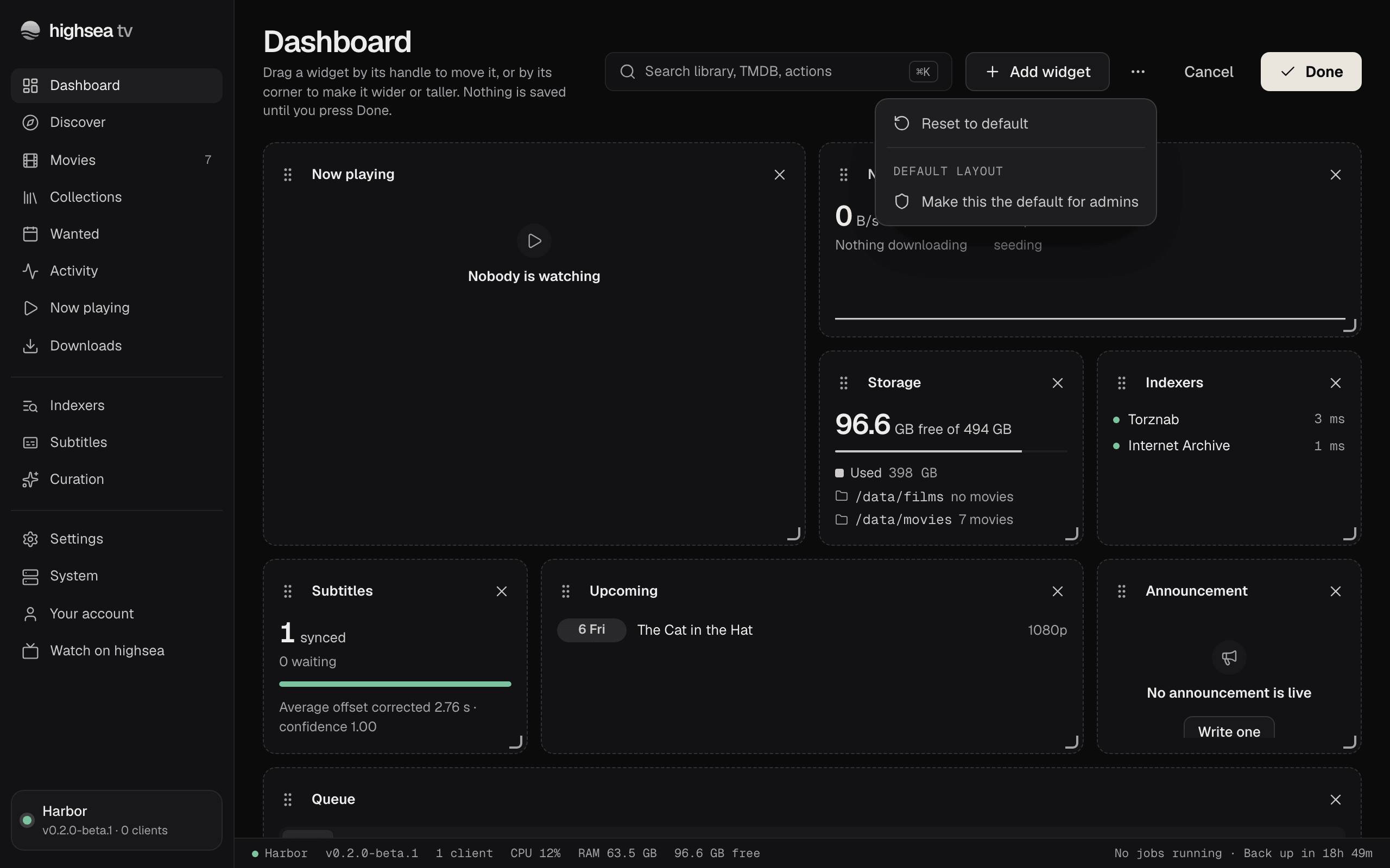 The More layout options menu open while customising, with Reset to default, and Make this the default for admins under Default layout