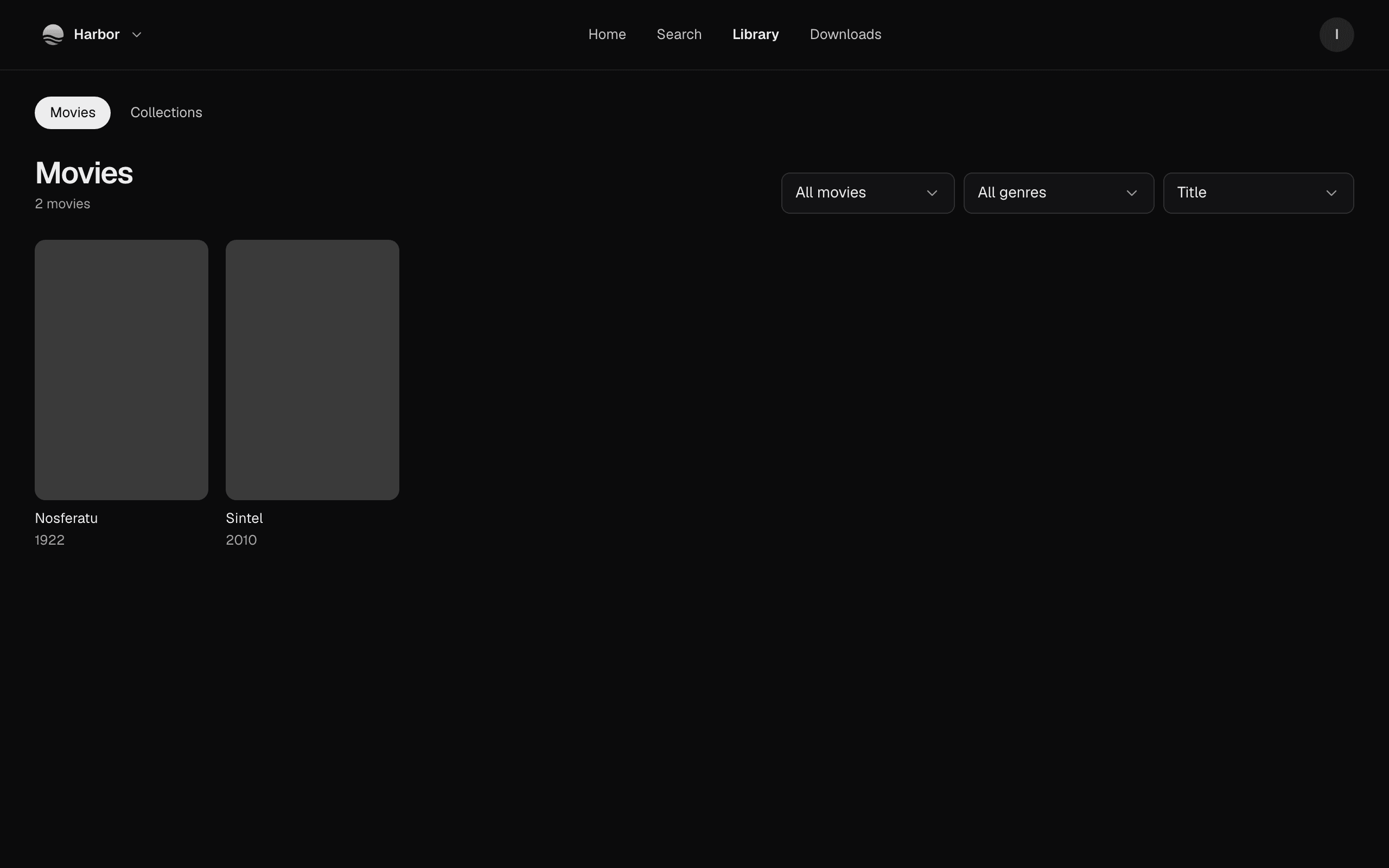 Library in the web app: Movies and Collections tabs, the filters All movies, All genres and Title, and Nosferatu and Sintel as posters
