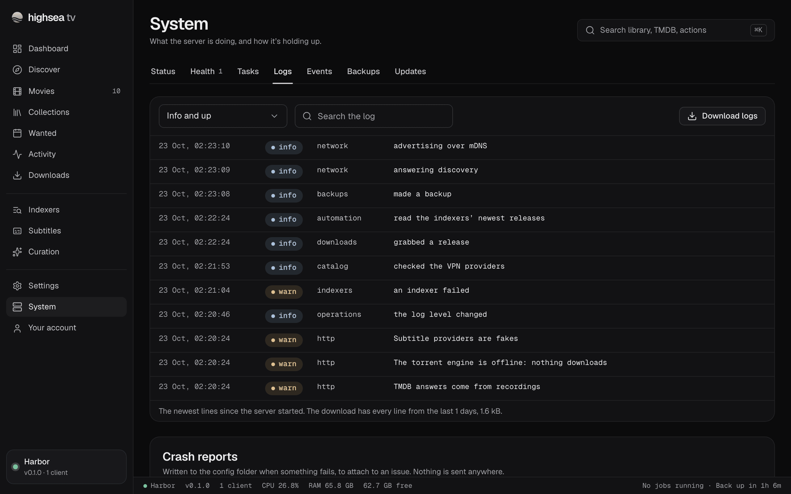 System's Logs tab: the level filter, Search the log and Download logs above the newest lines, with Crash reports below.