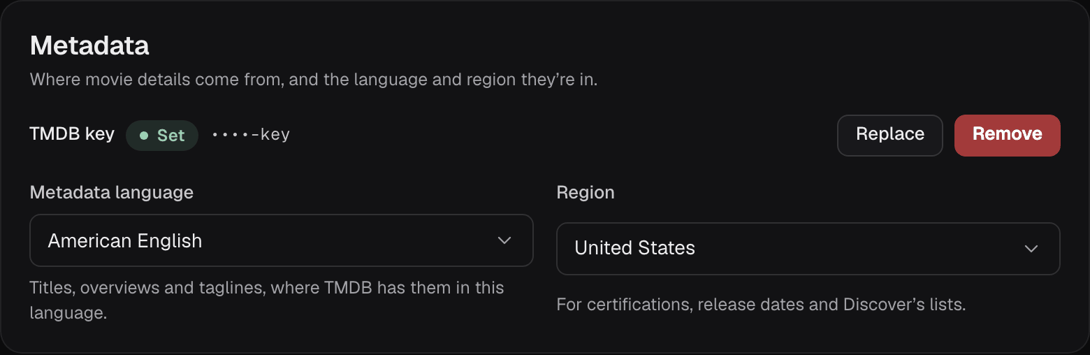 The Metadata group in Settings › General: the TMDB key shown as Set with Replace and Remove, then Metadata language and Region.