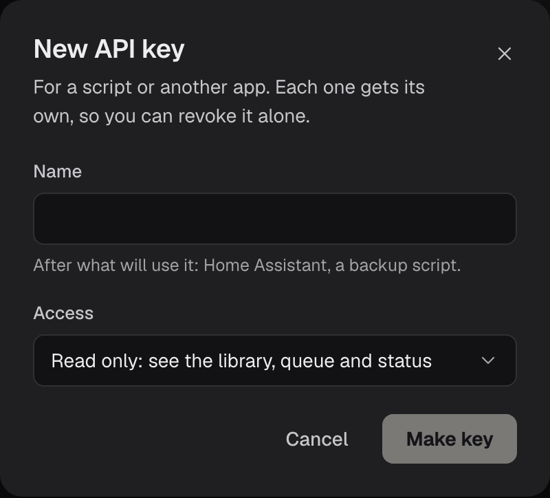 The New API key dialog, with a Name and Access set to Read only: see the library, queue and status