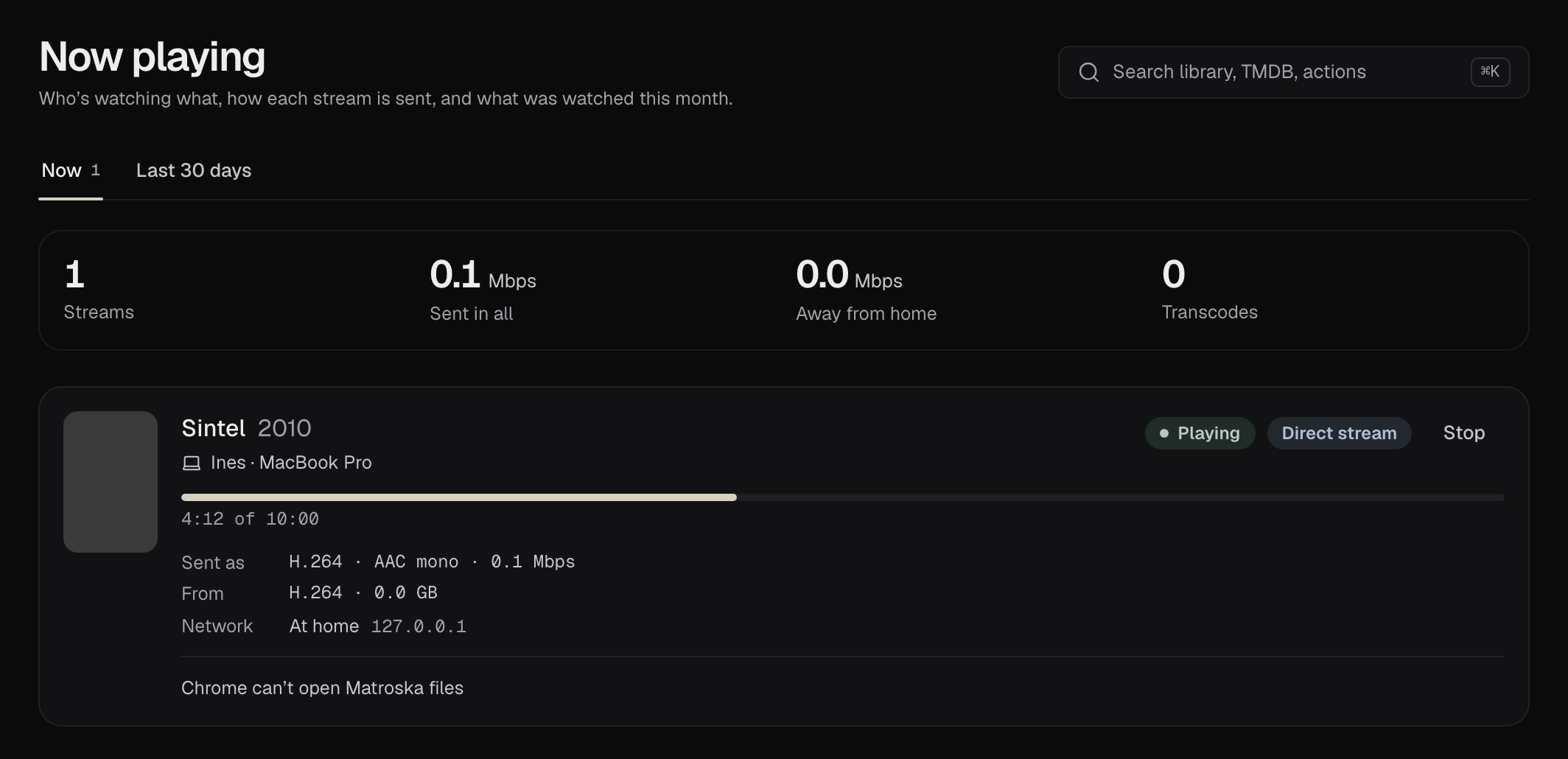 Now playing's Now tab: the totals, then a row for Sintel playing on a MacBook Pro by direct stream, with its progress, Sent as, From, Network and the reason it isn’t played directly