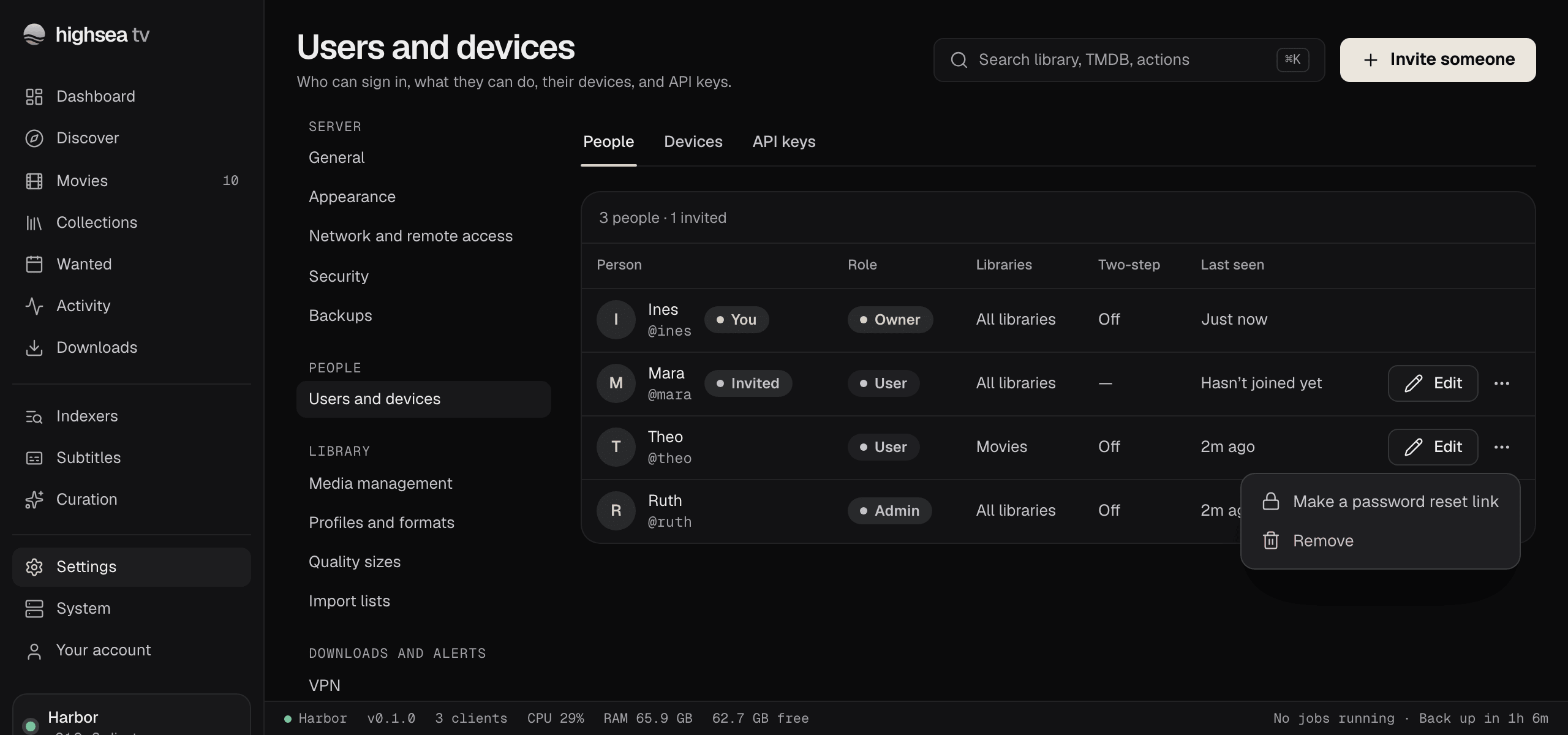 The more menu beside Theo, open on Make a password reset link and Remove