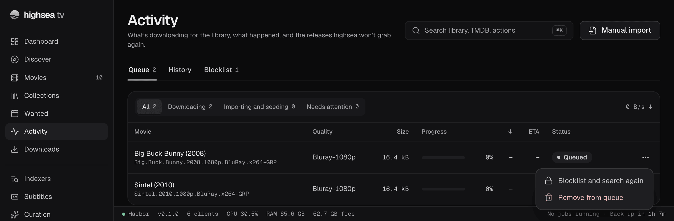 A queue row's menu open, with Blocklist and search again and Remove from queue