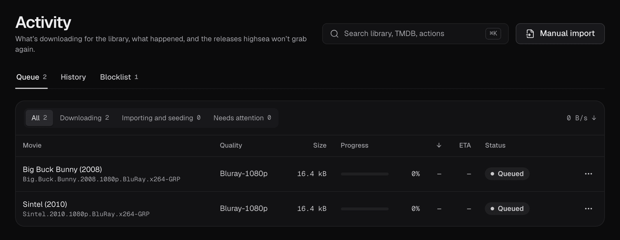 Activity's Queue tab, with the filters All, Downloading, Importing and seeding and Needs attention above a row for Sintel showing its release name, quality, size, progress and the status Queued