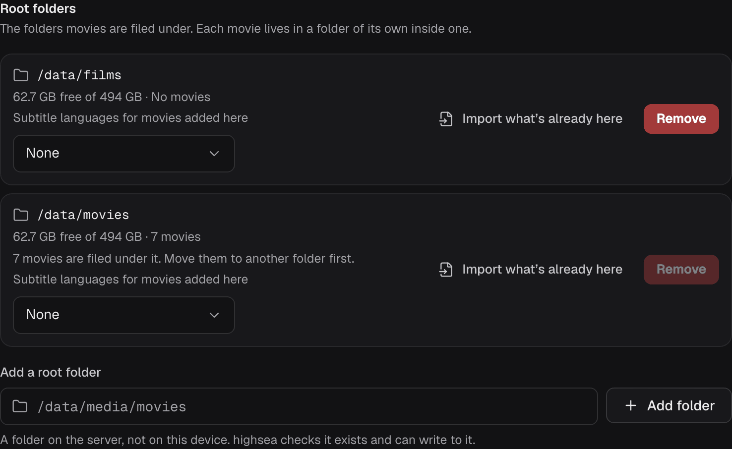 Two root folders, /data/films with no films and /data/movies with 7, each with its free space, its subtitle languages, Import what's already here and Remove, and the Add a root folder field below