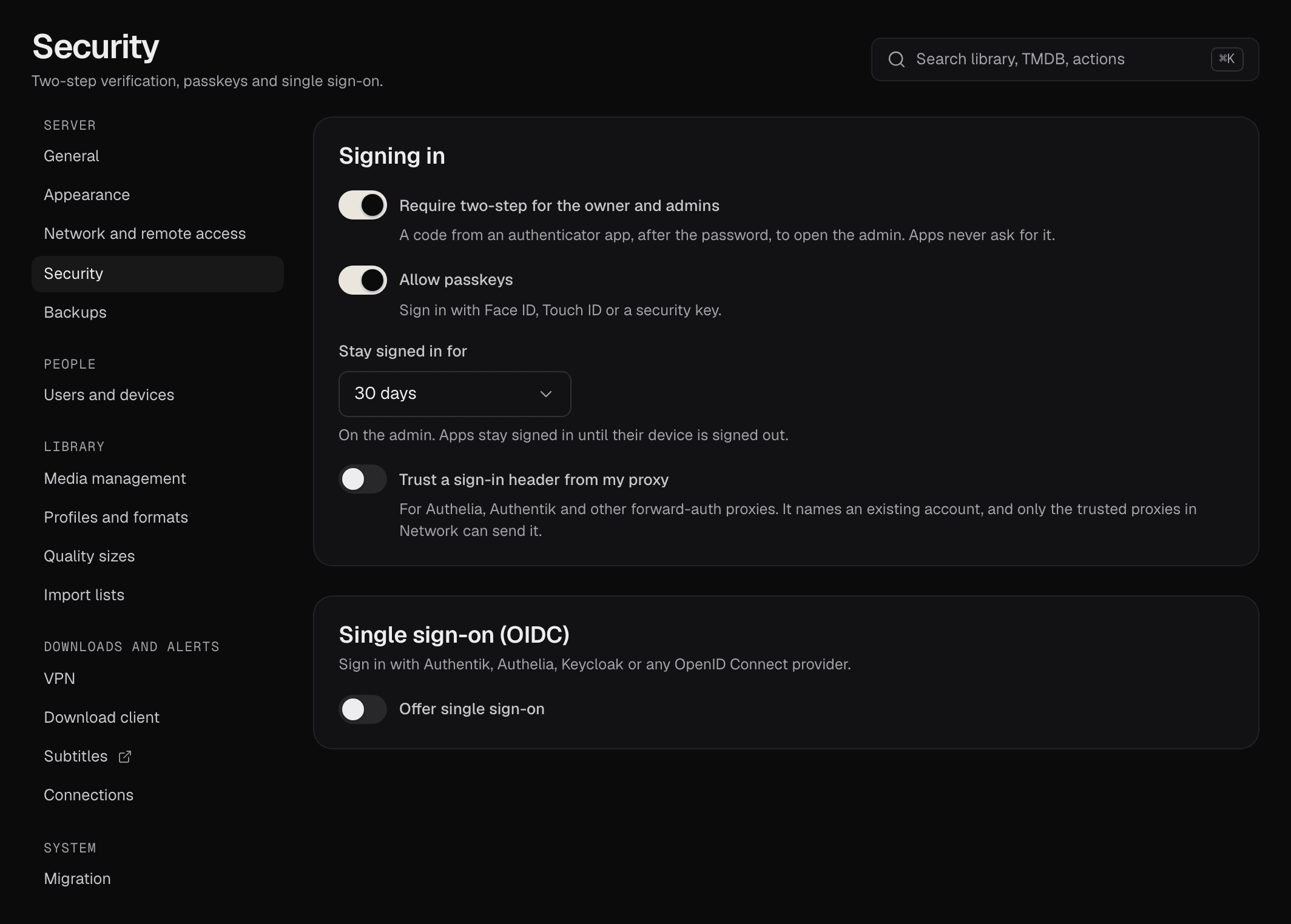 Settings › Security: Signing in, with Require two-step for the owner and admins and Allow passkeys on, Stay signed in for 30 days and Trust a sign-in header from my proxy off; below it Single sign-on (OIDC), off