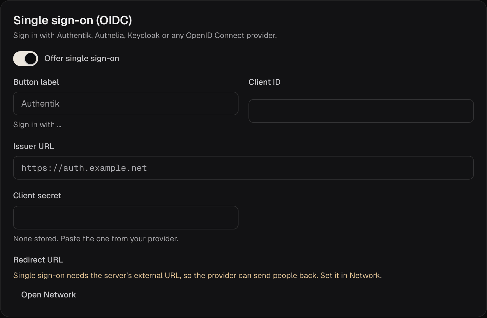 Single sign-on turned on: Button label, Client ID, Issuer URL and Client secret, and under Redirect URL a note that single sign-on needs the server's external URL, with Open Network