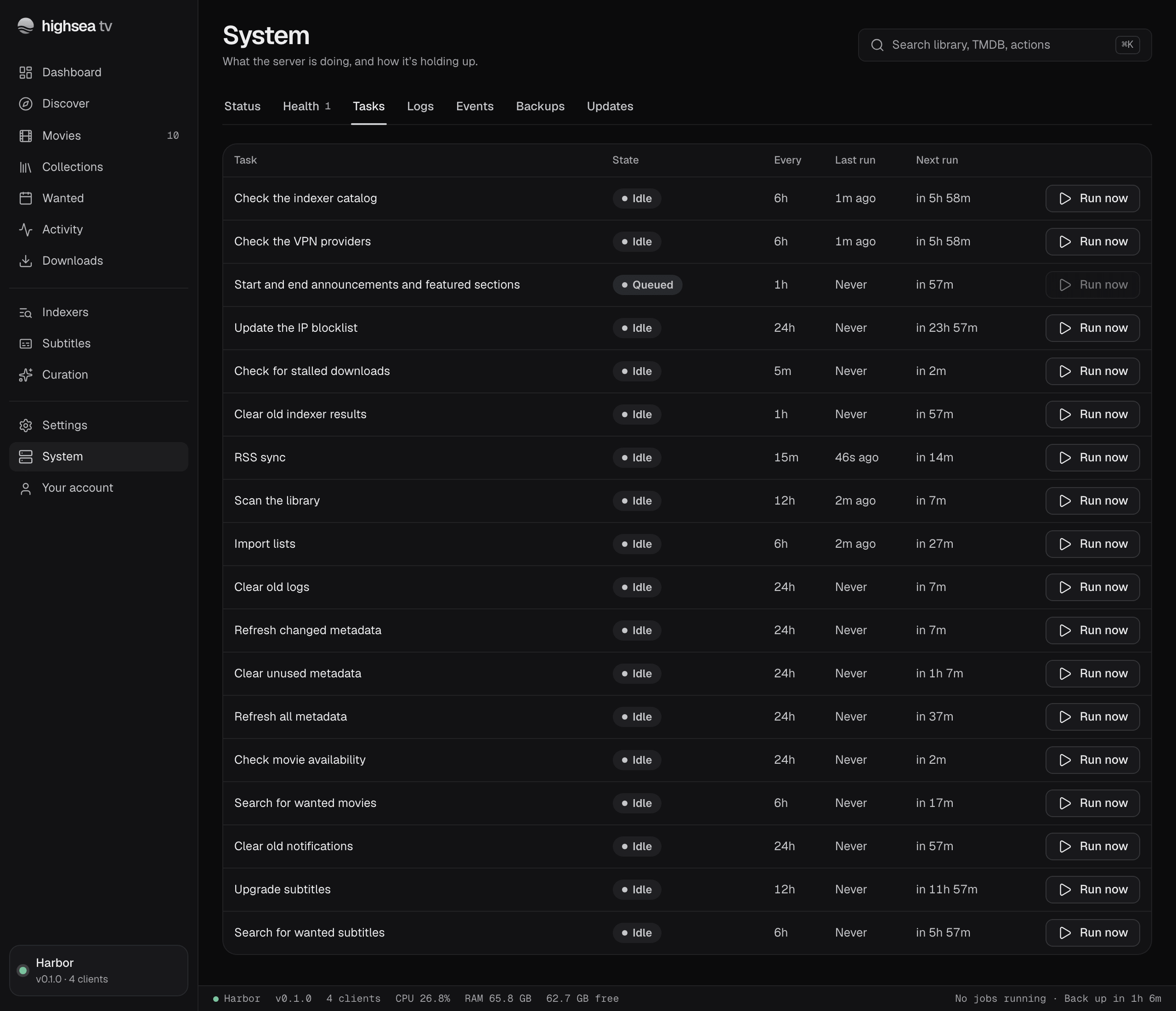 System's Tasks tab: each scheduled task with its state, how often it runs, its last and next run, and Run now.