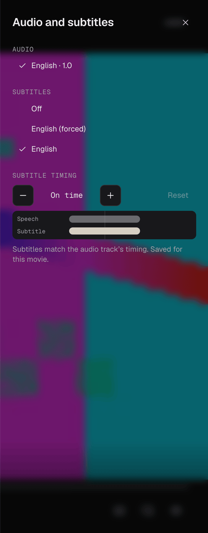 The Audio and subtitles panel: Audio with English ticked; Subtitles with Off, English (forced) and English, English ticked; and Subtitle timing at On time, with minus and plus buttons, Reset, and a preview of speech against the subtitle