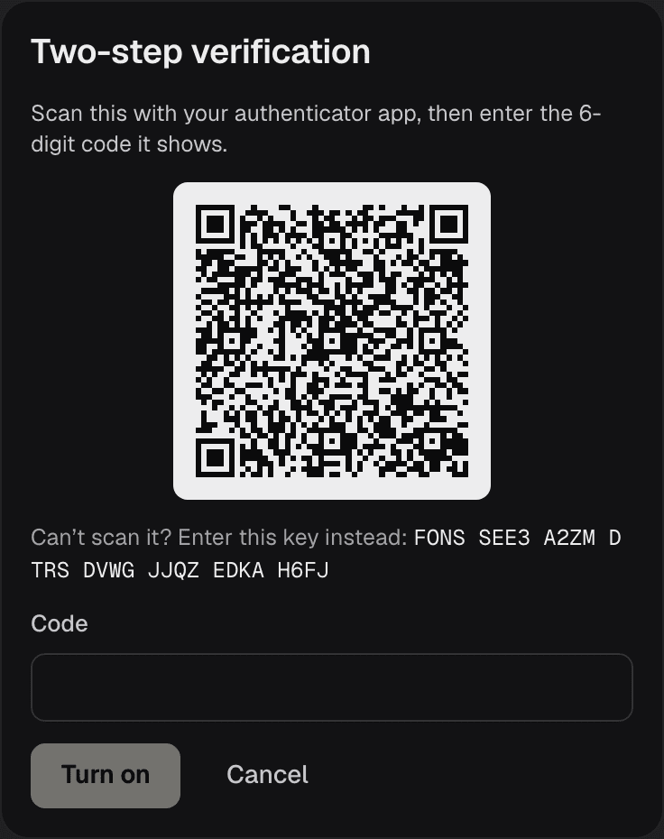 Setting up two-step verification: a QR code to scan, the key to type instead, a Code field and Turn on