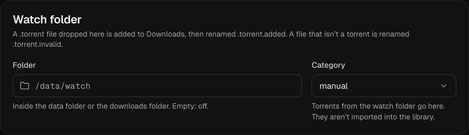 The Watch folder section: an empty Folder field and a Category list set to manual, with the line that torrents from the watch folder aren't imported into the library