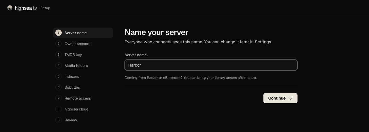 highsea's setup, at its first step, Name your server