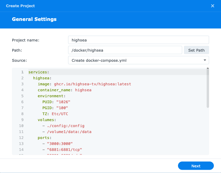 Container Manager's Create Project page, with the name, path and compose file filled in