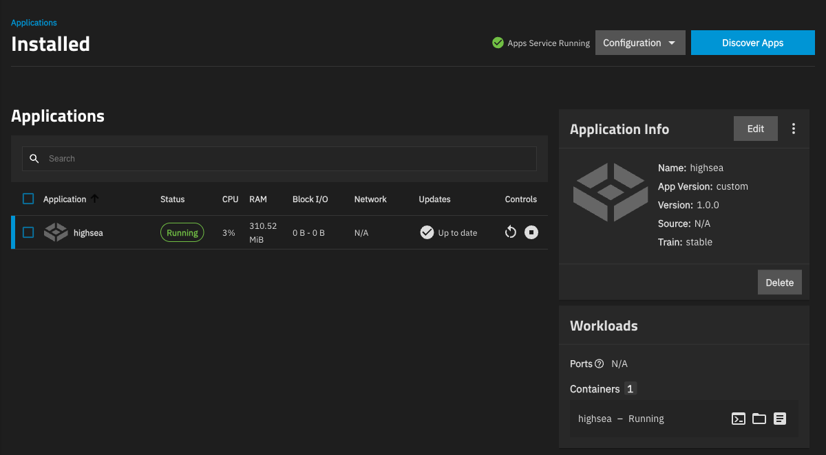 The Apps page, with highsea running