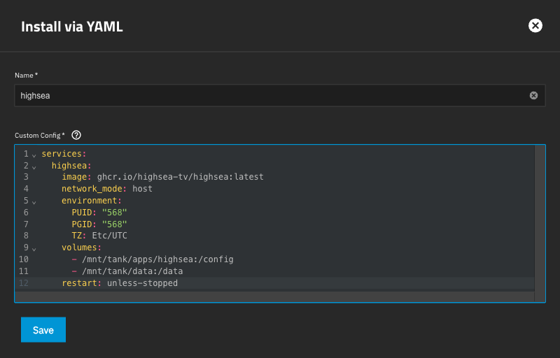 TrueNAS's Install via YAML screen, with the name and custom config filled in
