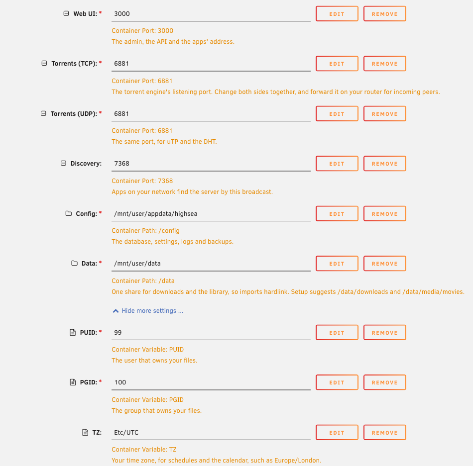 Unraid's Add Container page with the highsea template's fields filled in