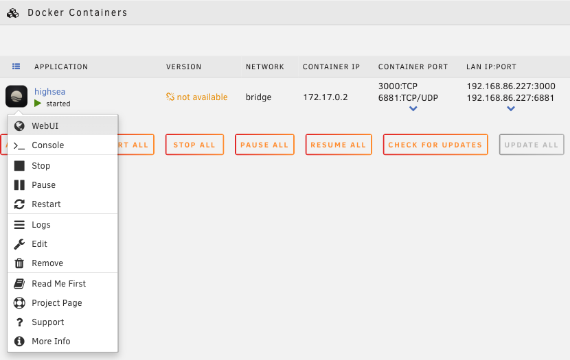 The Docker page's menu for highsea, with WebUI highlighted
